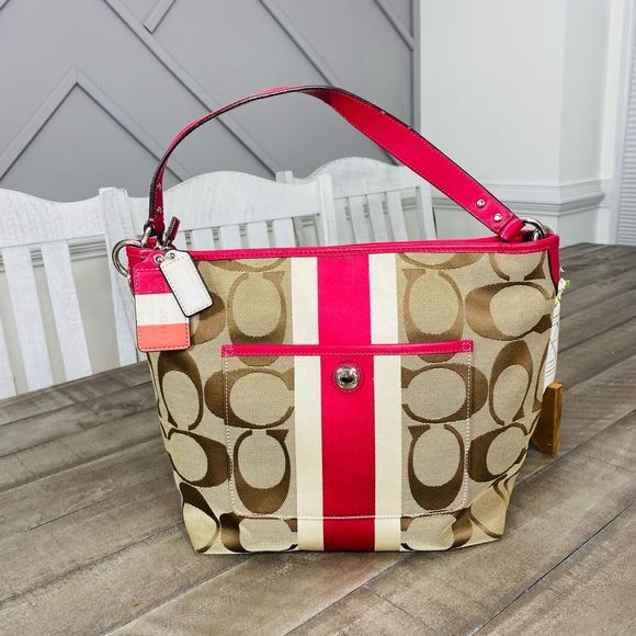 Coach Signatur Hamptons Weekend Khaki Pink Signature Stripe Tote Purse 10055 - Picture 3 of 8